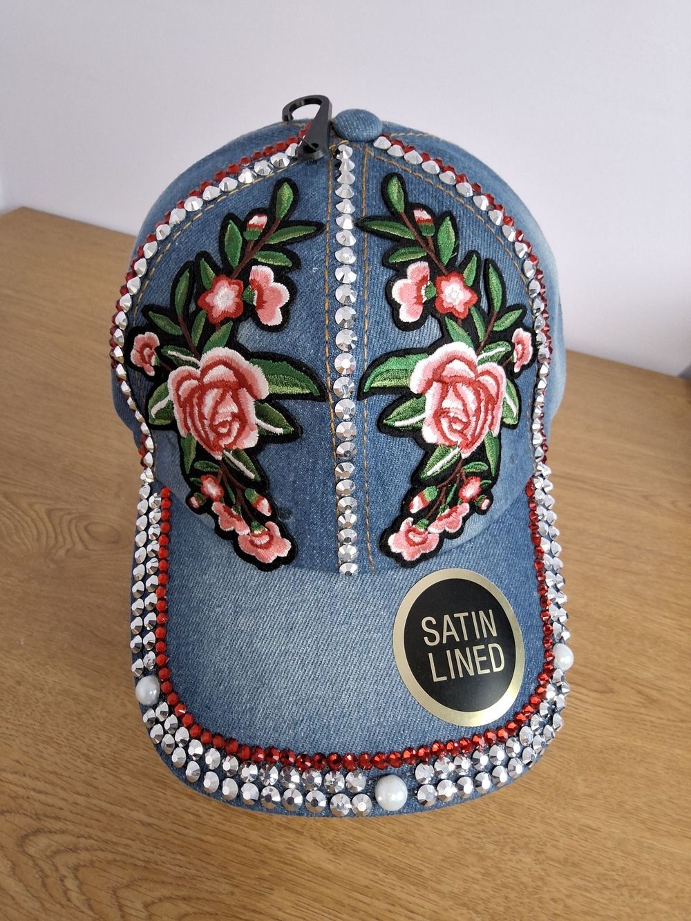 Handcrafted Women's Embroidered Rose Denim Baseball Cap Rhinestones, Adjustable